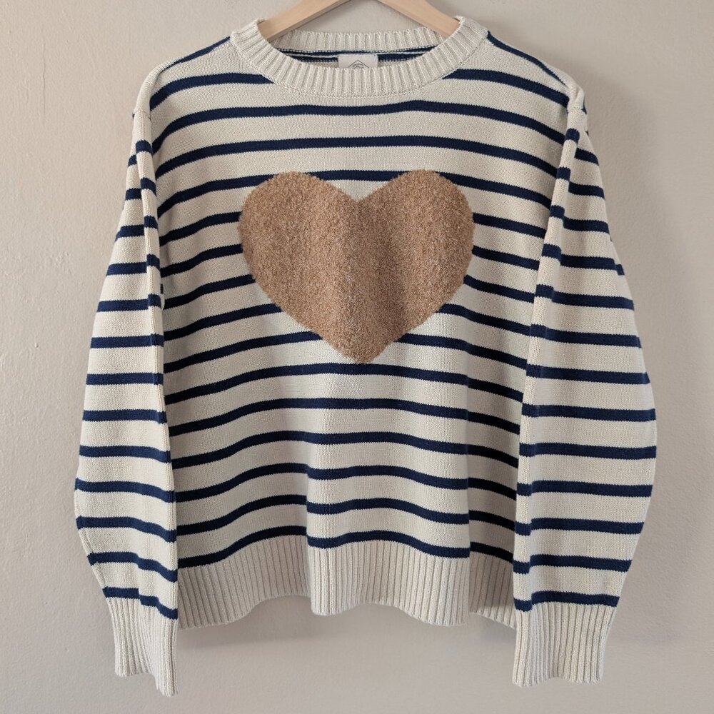 St. John's Bay Navy White‎ Stripe Sweater Boucle Heart Preppy Nautical Sz PXL